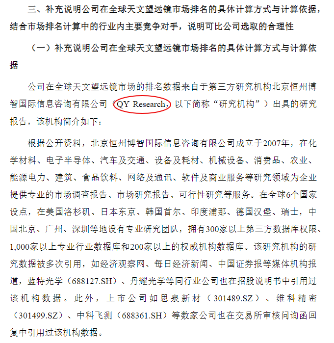 On 31 December Guangzhou Jinghua Precision Optics quoted a report on astronomical telescopes published by QYResearch in its prospectus